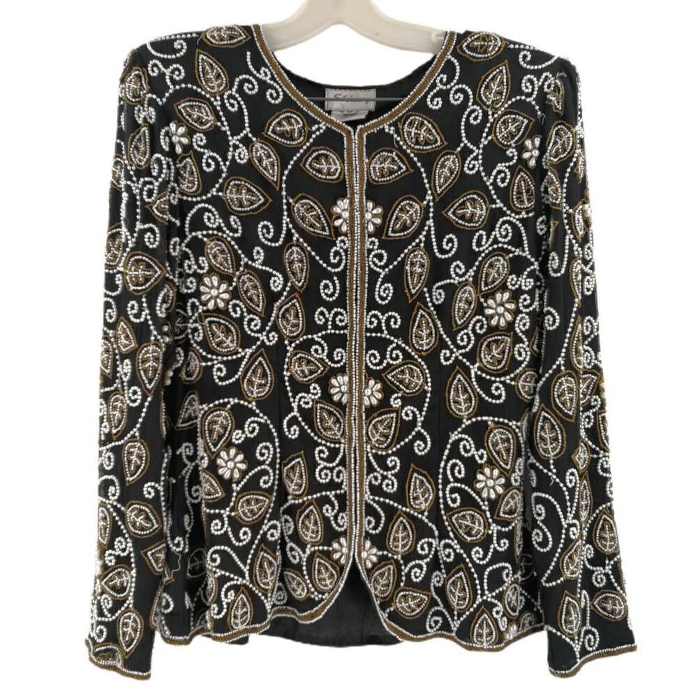 Vintage Black, White, and Gold Floral Beaded Jacket by Stenay | Tag Size Medium